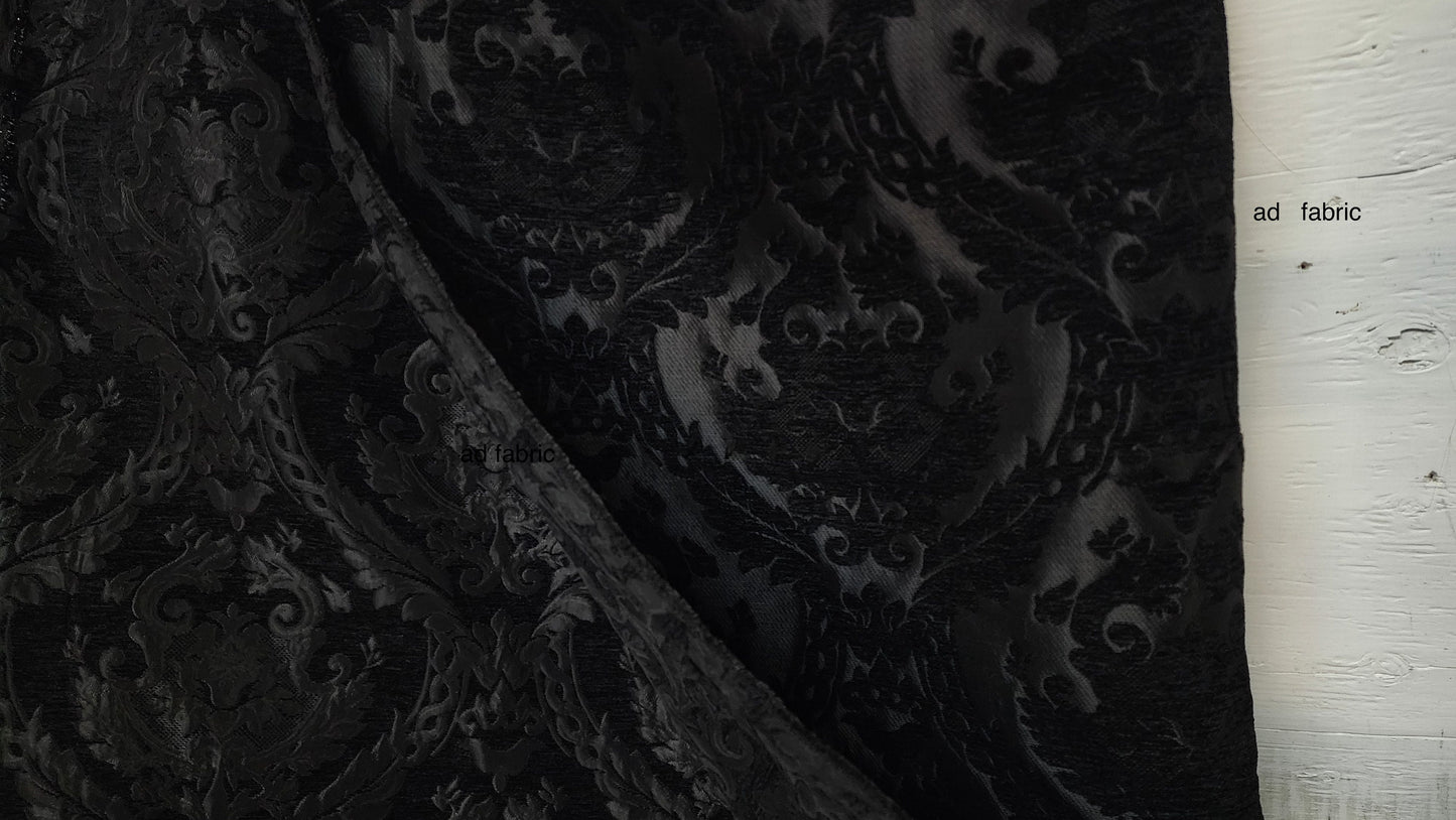 Damask tapestry chenille fabric - upholstery fabric, Black/Black - 56" width - sold by yard in continuous yards