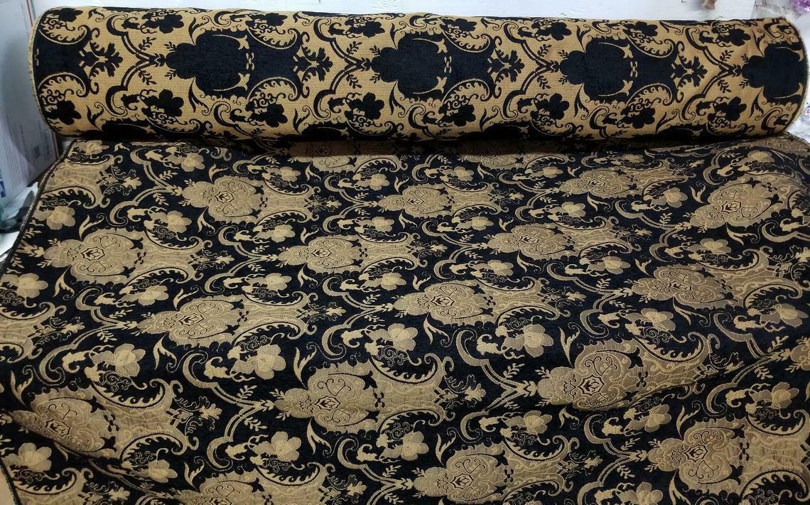 Chenille Fabric, BAROQUE UPHOLSTERY, Fabric Jacquard Chenille Damask, black/Gold color , sold by yard in continuous yards