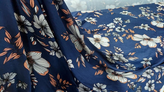 ad  poly Rayon fabric floral blue print 58/60 inches wide  sold by yard