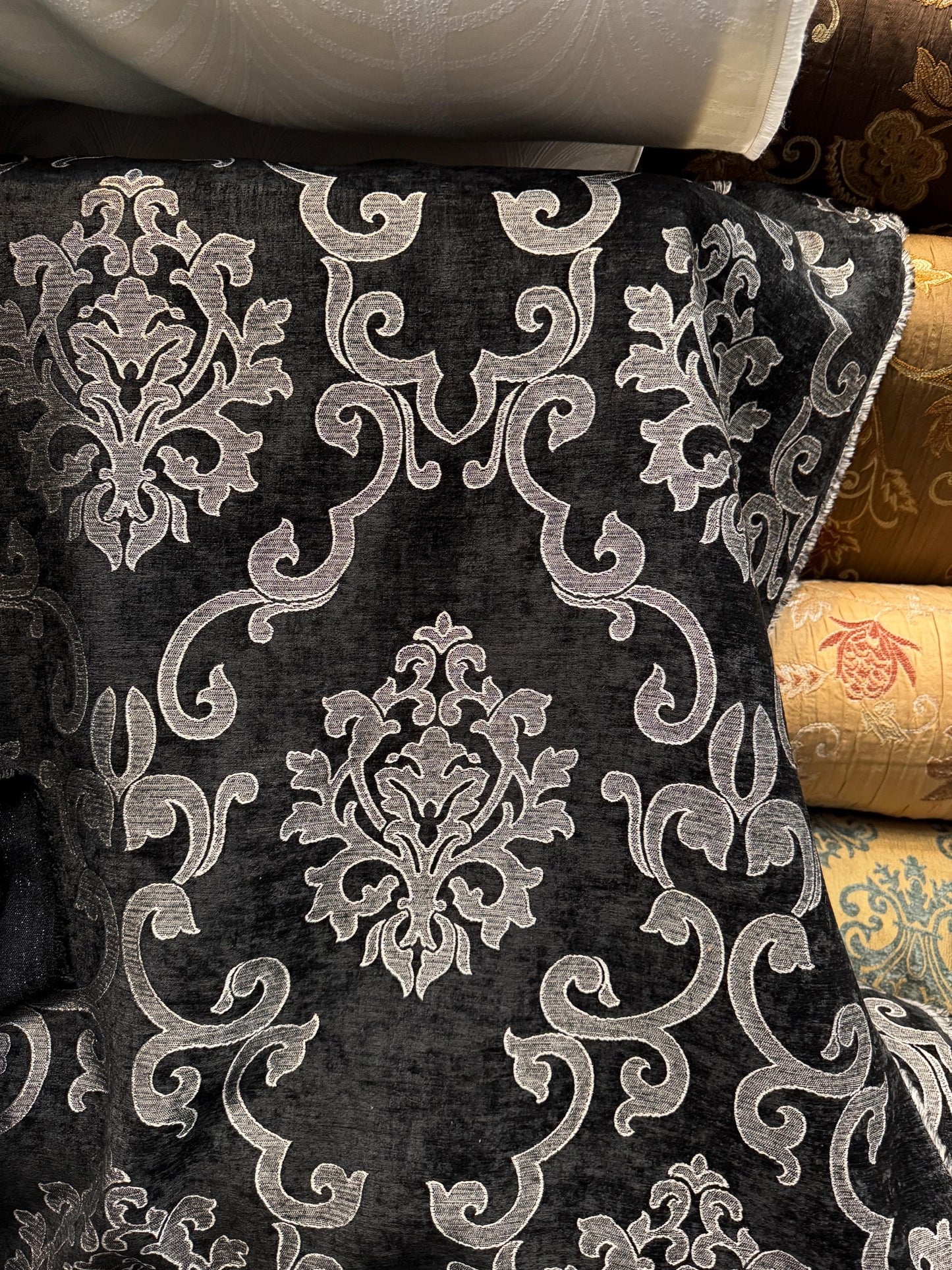 Chenille BAROQUE UPHOLSTERY Fabric Jacquard Damask, 58" wide ,color Black/Silver sold by yard in continuous yards