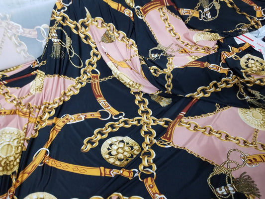 2 Way Stretch DTY Sided Brushed, Chains, Mauve/Black Print Design Poly Spandex  58" wide, sold by yard in continuous yards