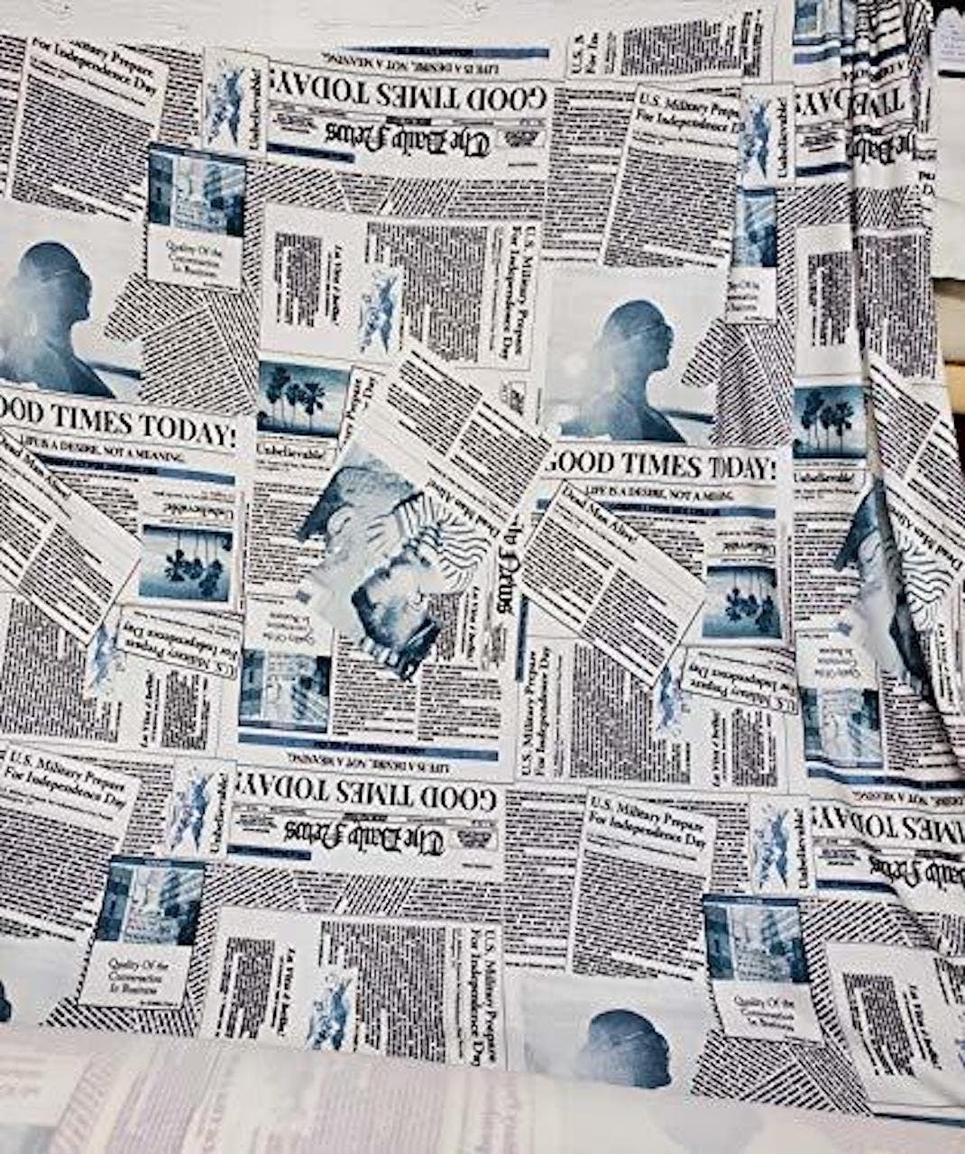Blue and White Newspaper Fashion Print Cotton Spandex 58" Wide