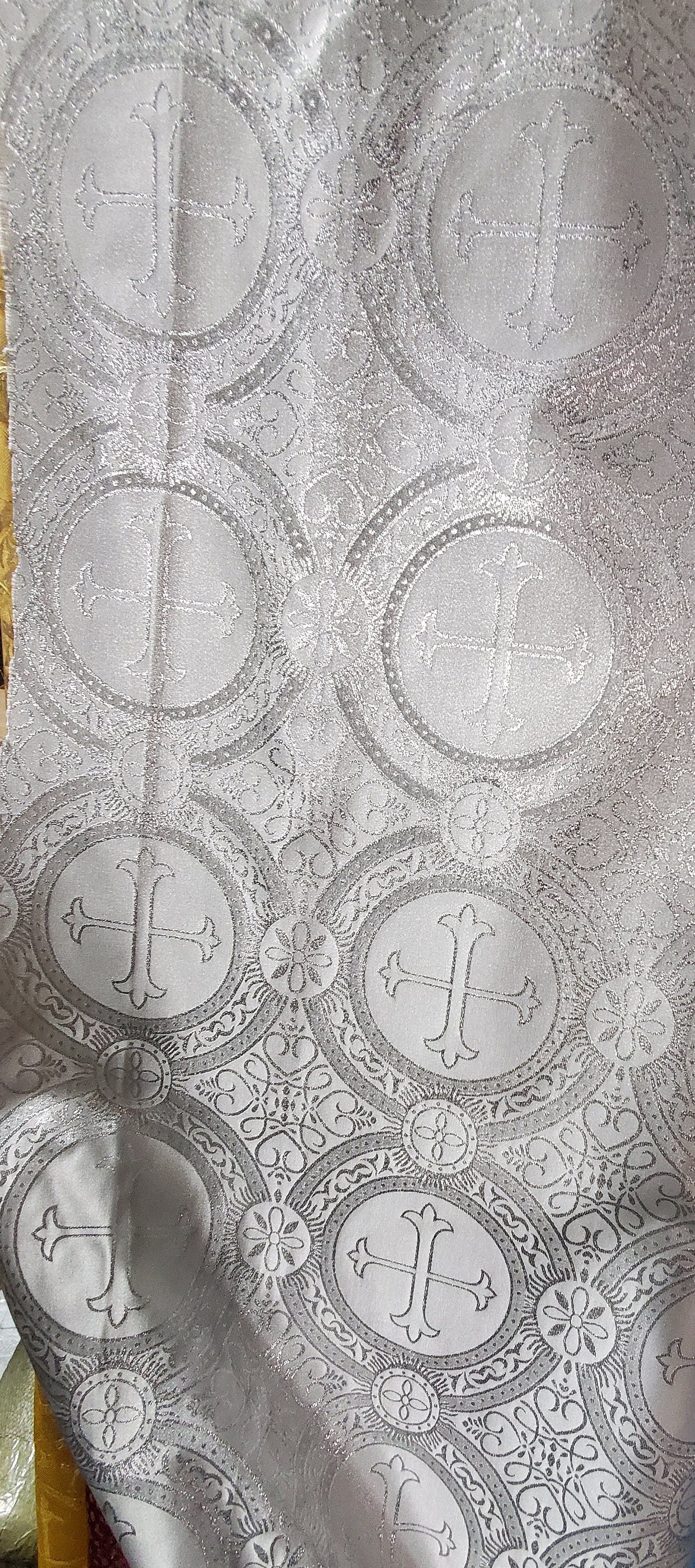 Liturgical Brocade,Church Gorgeous Cross acetatebrocade Fabric Cross Brocade White/silver 52" Wide