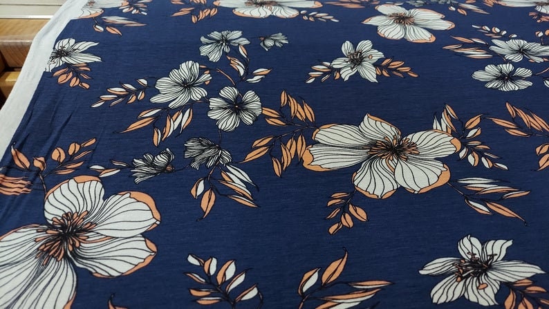 ad poly Rayon fabric floral blue print 58/60 inches wide sold by yard