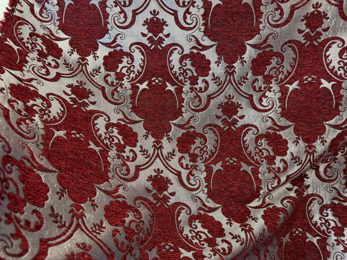 Chenille BAROQUE UPHOLSTERY Fabric Jacquard Damask, 58" wide ,color Red/Silver Reversible, sold by yard in continuous yards