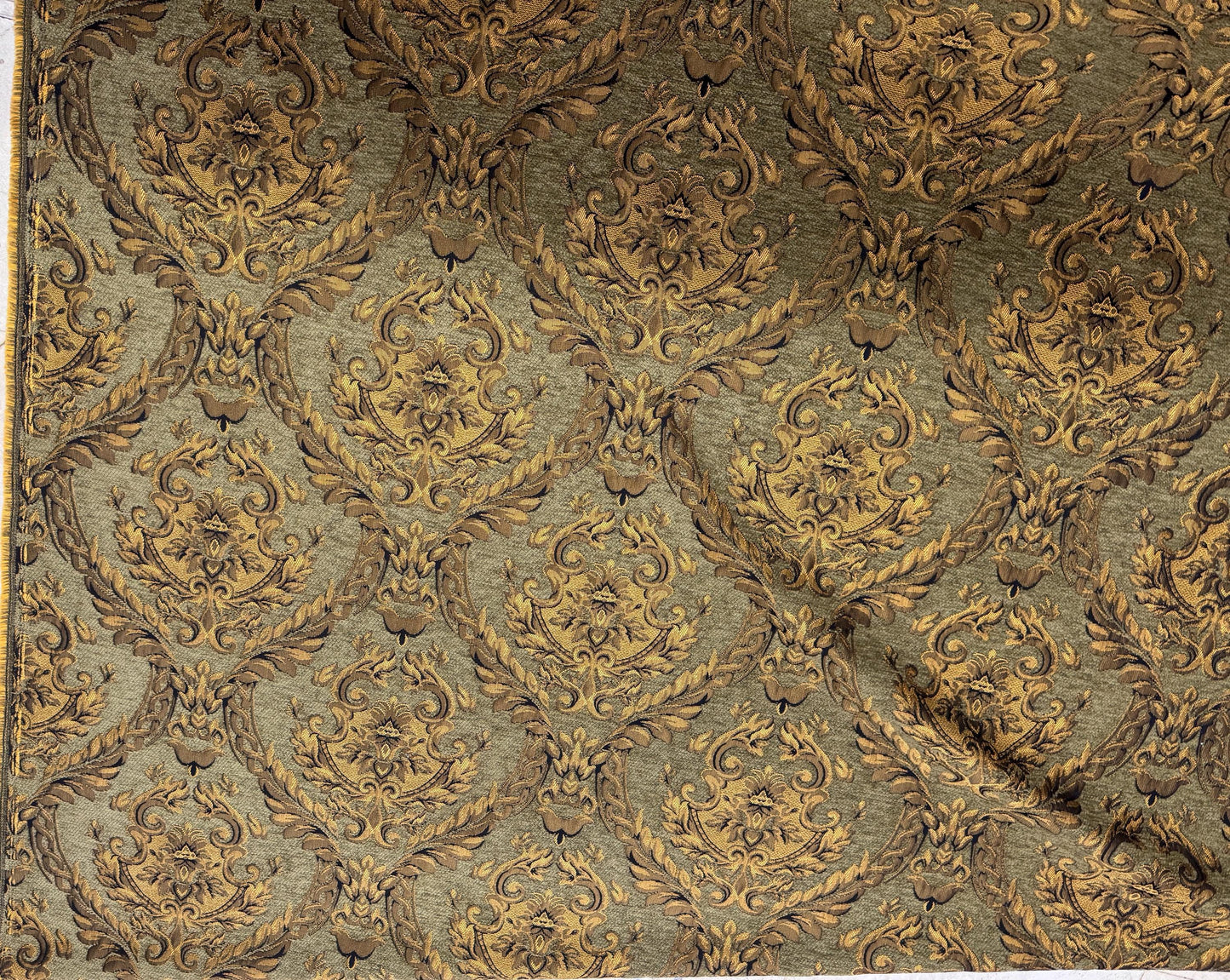 Chenille BAROQUE UPHOLSTERY Fabric Jacquard Damask, 58" wide ,color Sage green/gold, sold by yard in continuous yards