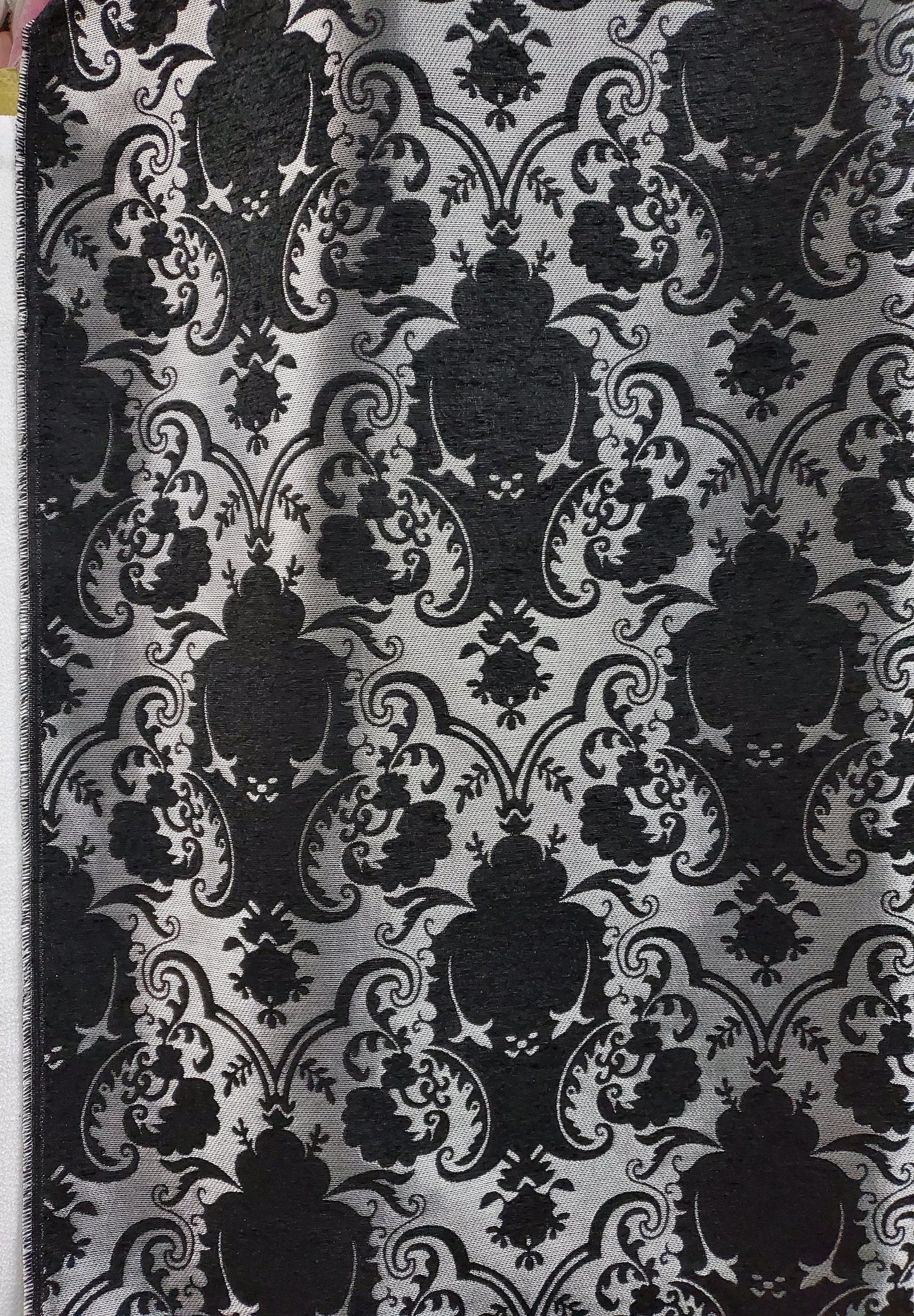 Chenille BAROQUE UPHOLSTERY Fabric Jacquard Damask, 58" wide ,color Silver/Black, sold by yard in continuous yards
