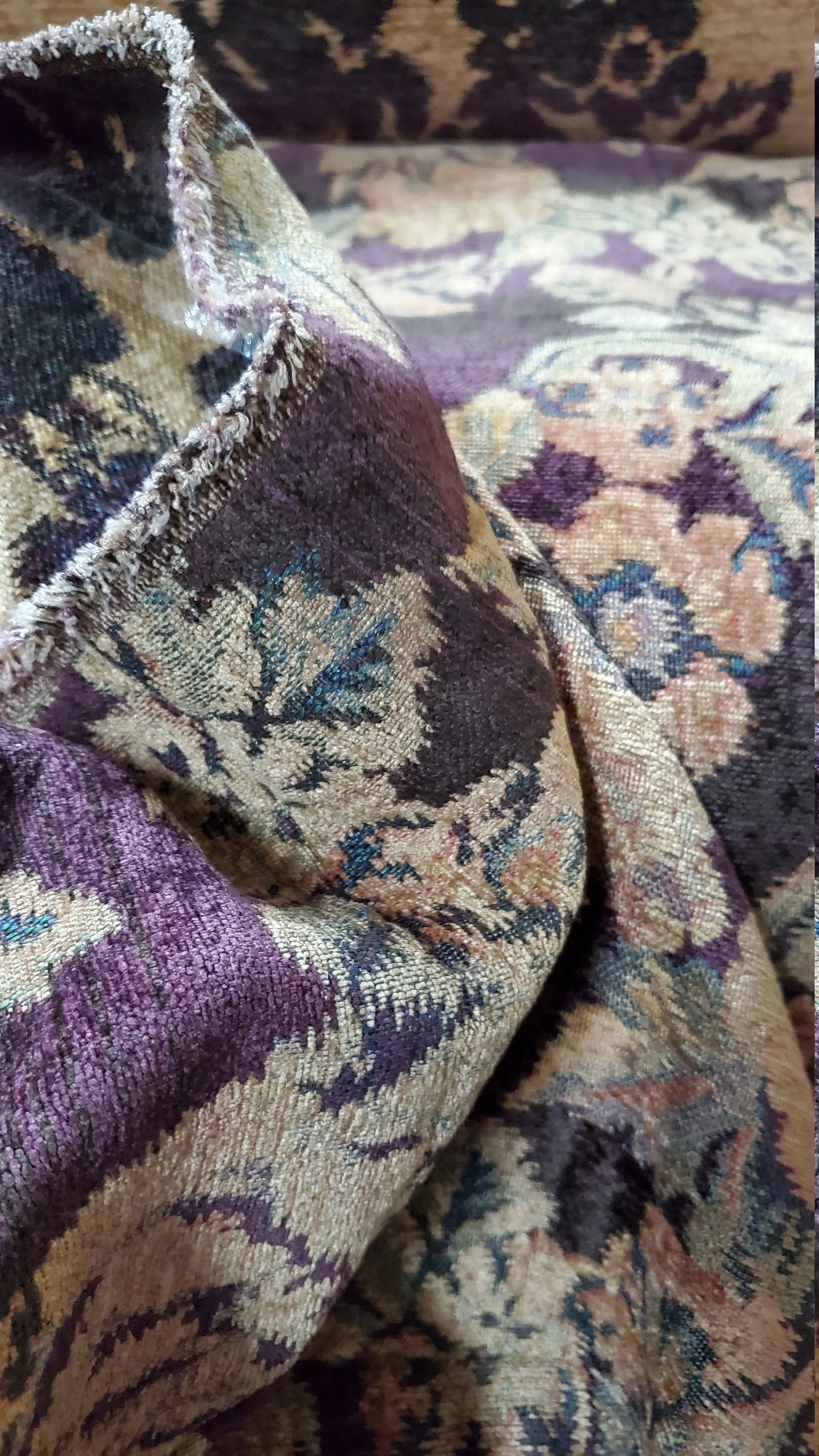 ad Quadrille Chenille Fabrics vintage 54" wide- Plum,gold, Green, sold by yard