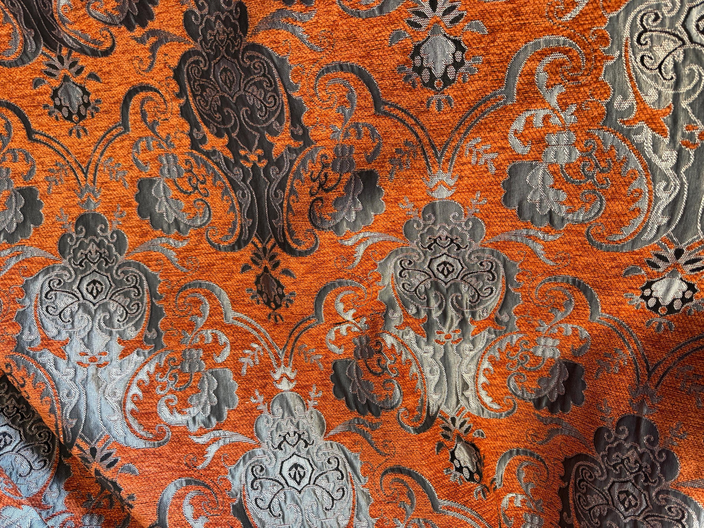 Chenille, BAROQUE UPHOLSTERY Fabric Jacquard, Damask, 58" wide ,color Rust /silver, sold by yard in continuous yards