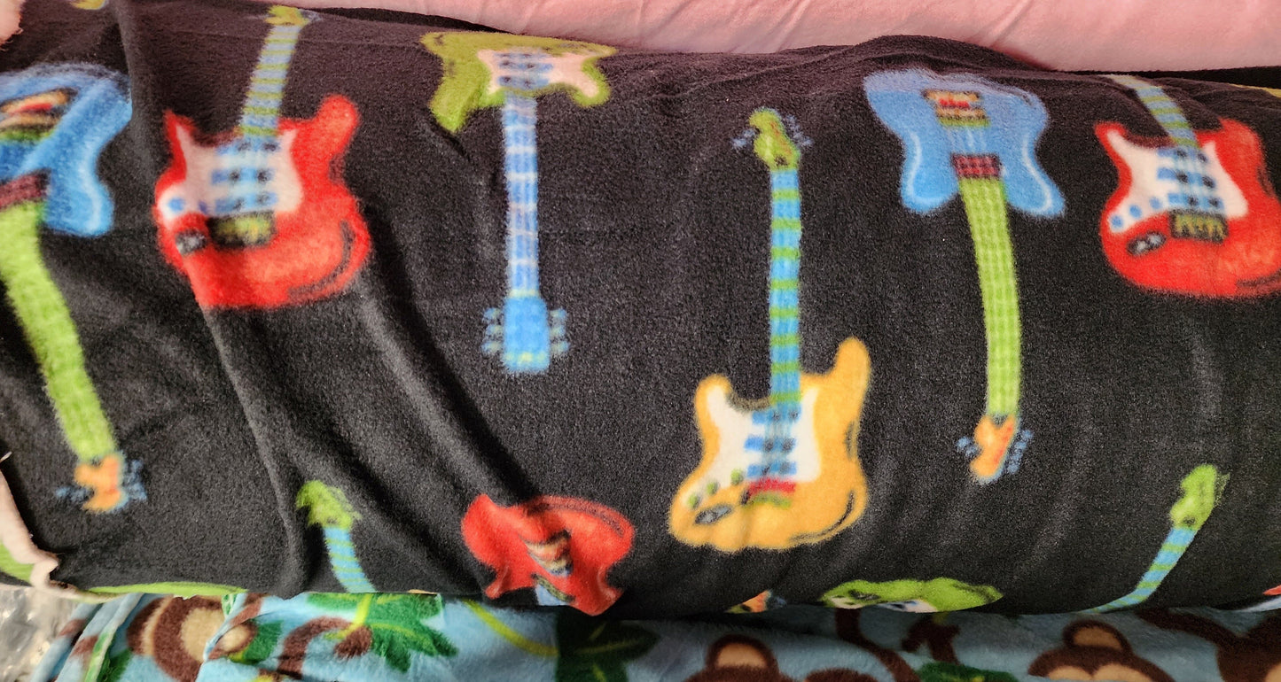 Fleece Fabric Multicolored Guitar with Black Background, Polar print Fleece Polar By The Yard 60" Wide