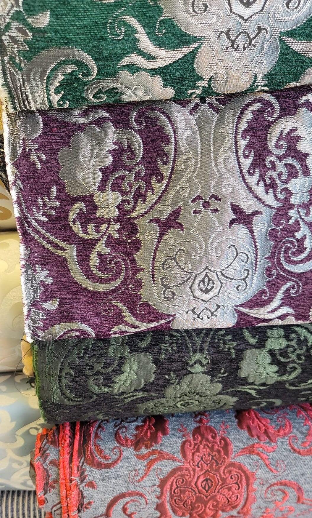 Chenille BAROQUE UPHOLSTERY Fabric Jacquard Damask, 58" wide ,color Purple/silver, sold by yard in continuous yards