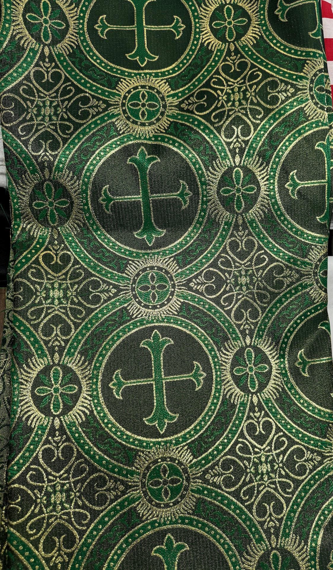 Liturgical Brocade,Church Gorgeous Cross acetate brocade Fabric Cross Brocade Hunter Green/Gold 58" Wide