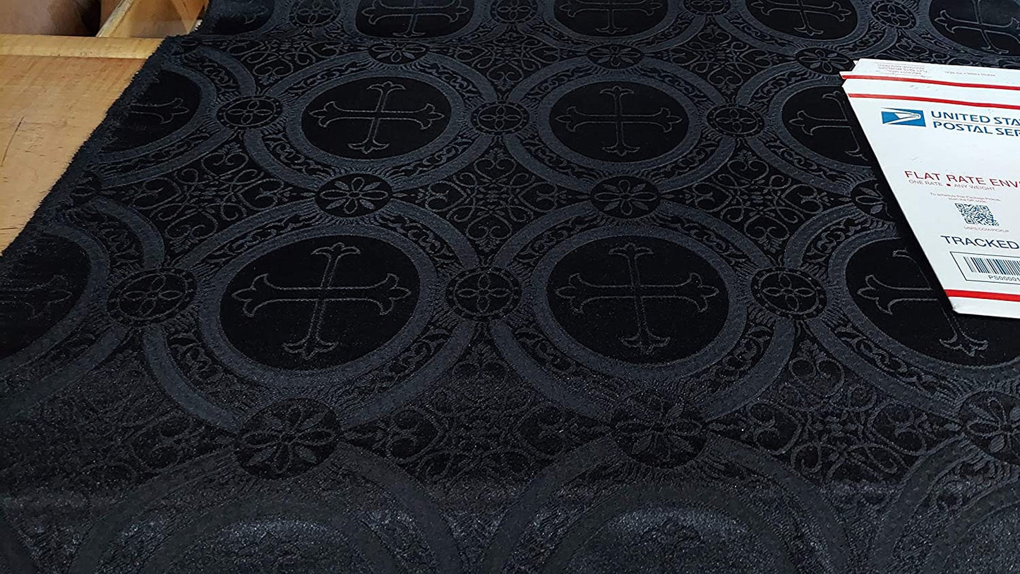 Liturgical Brocade,Church Gorgeous Cross acetatebrocade Fabric Cross Brocade Black Matte 60" Wide