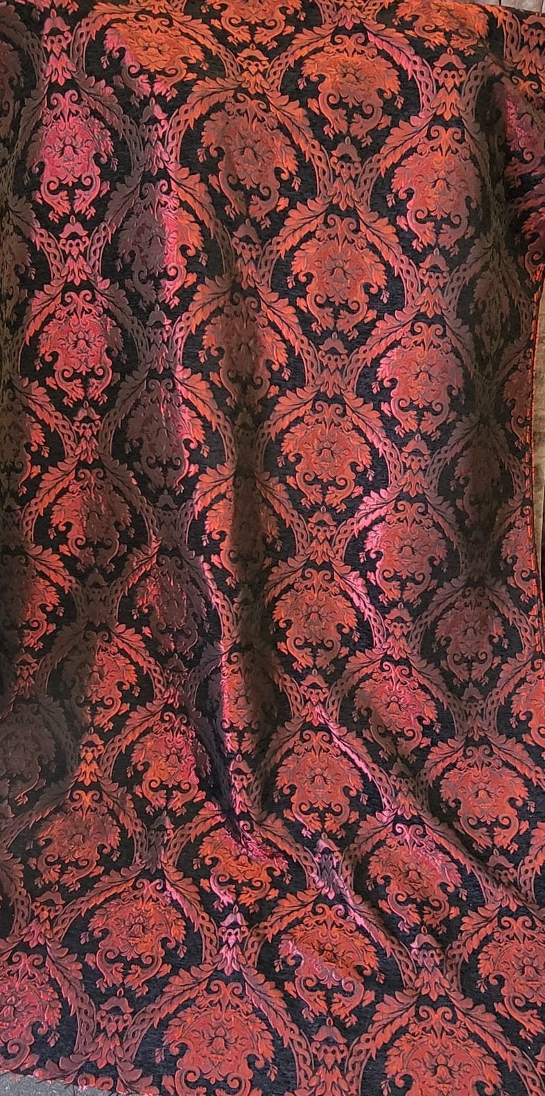 Chenille BAROQUE UPHOLSTERY Fabric Jacquard Damask, 58" wide ,color Red/Black, Reversible, sold by yard in continuous yards