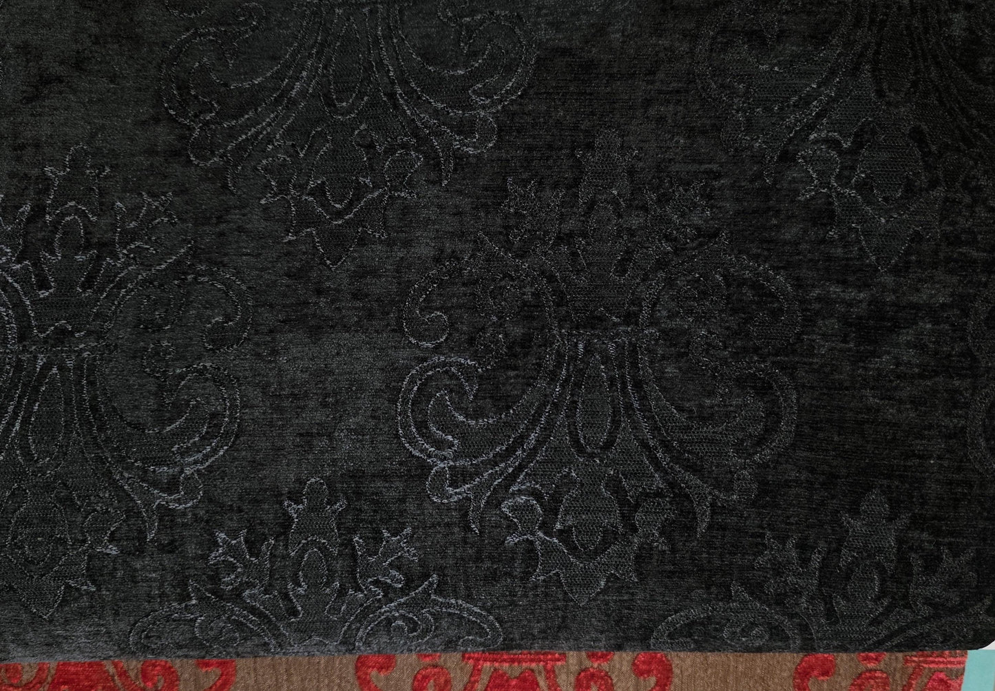 Chenille BAROQUE UPHOLSTERY Fabric Jacquard Damask, reversible, 54" wide ,color Black/Black, sold by yard in continuous yards