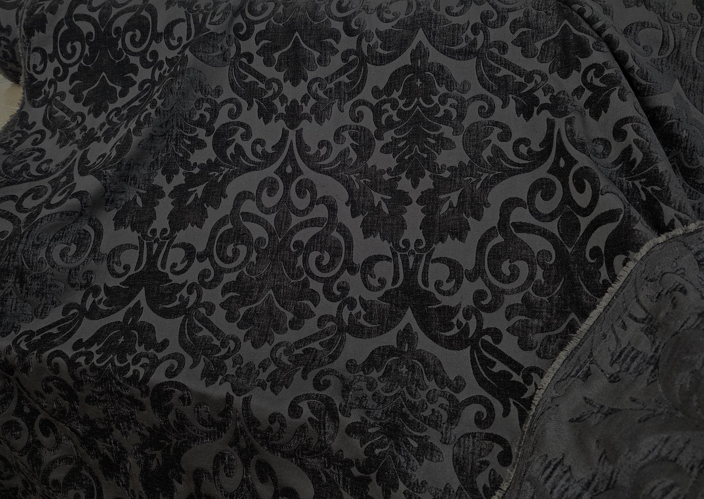 Chenille Fabric Upholstery,  Damask Burnout Chenille Velvet ,Jacquard Damask, 54" wide, color Black/Black , sold by yard in continuous yards