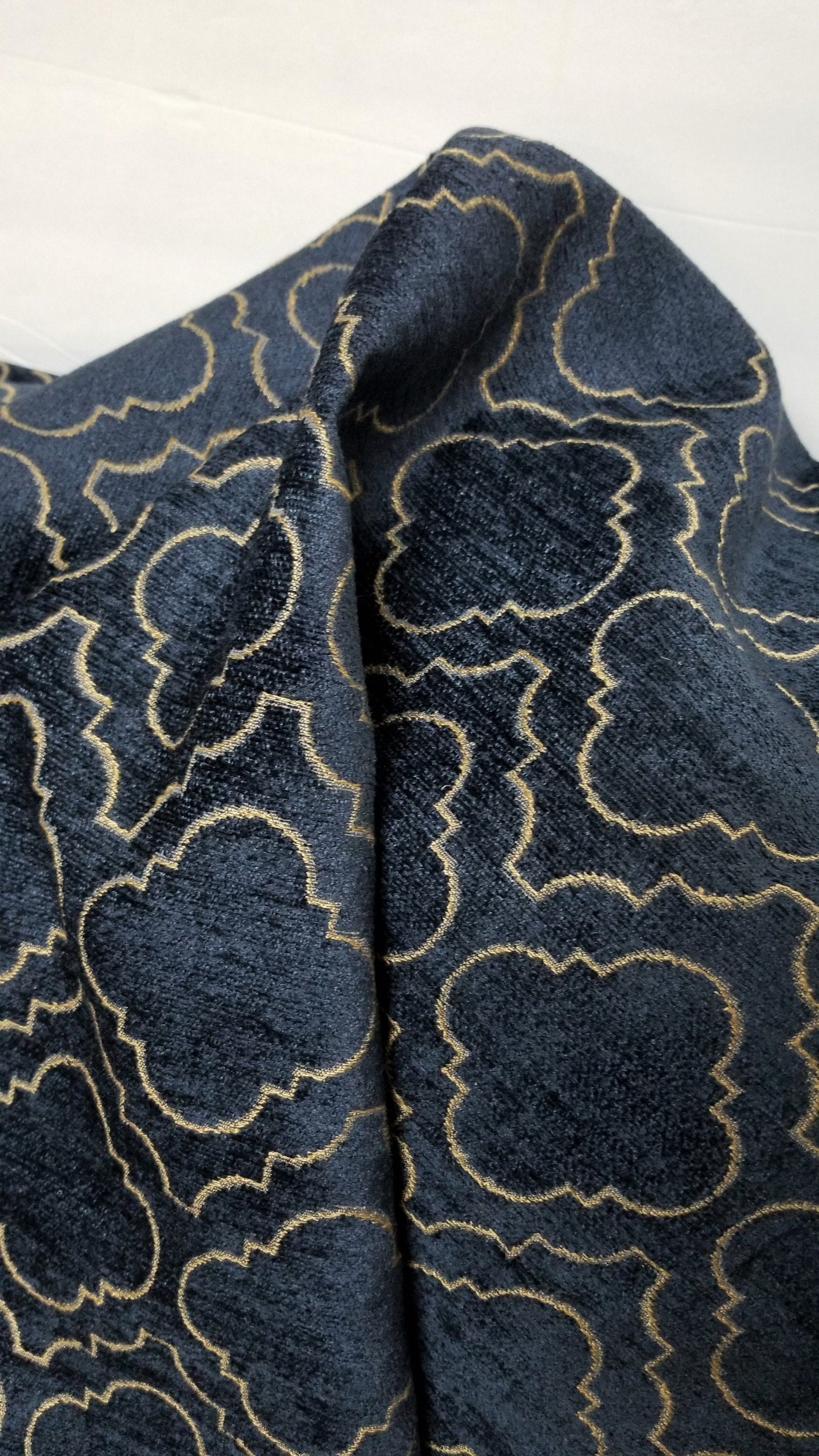 Chenille Diamond UPHOLSTERY Fabric Jacquard Damask, Color Blue/Gold,  58" wide , sold by yard in continuous yards