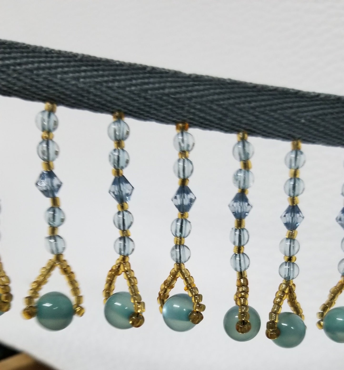Beaded Tassel Fringe Trim, 2". Color: Teal, Gold, Blue Grey (1 yd)