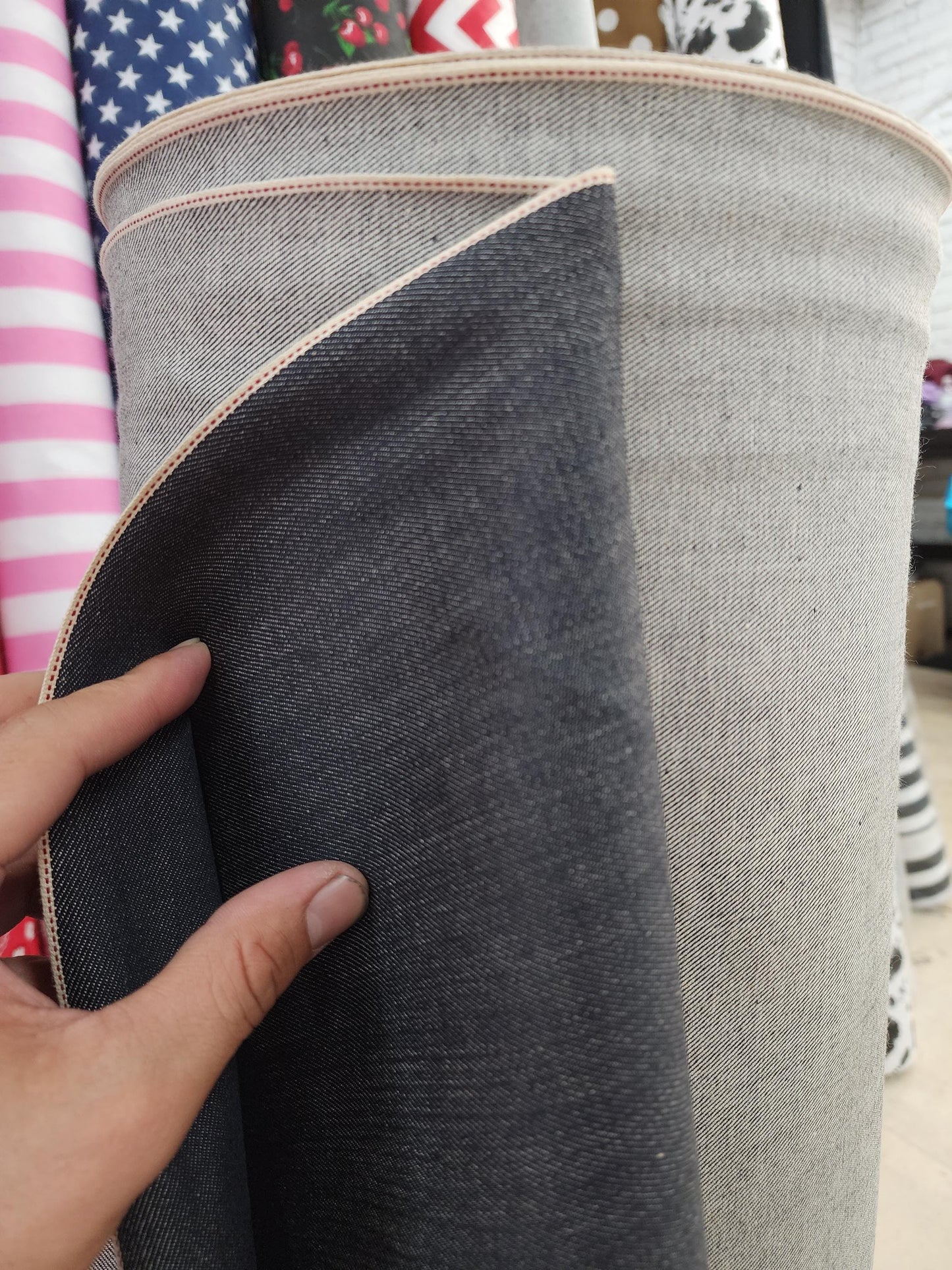 AD Fabric Cotton Denim Selvedge indigo Dark Blue stretch, 33" wide, sold by yard