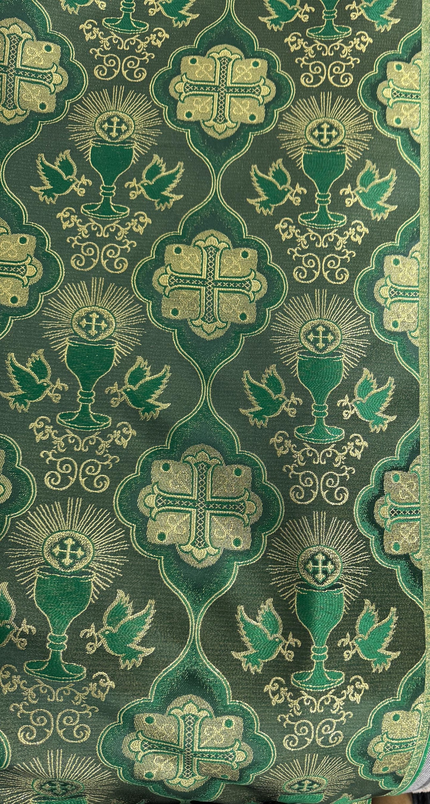Liturgical Brocade,Church Gorgeous Cross acetate brocade Fabric Cross Brocade Green/ Gold 58" Wide