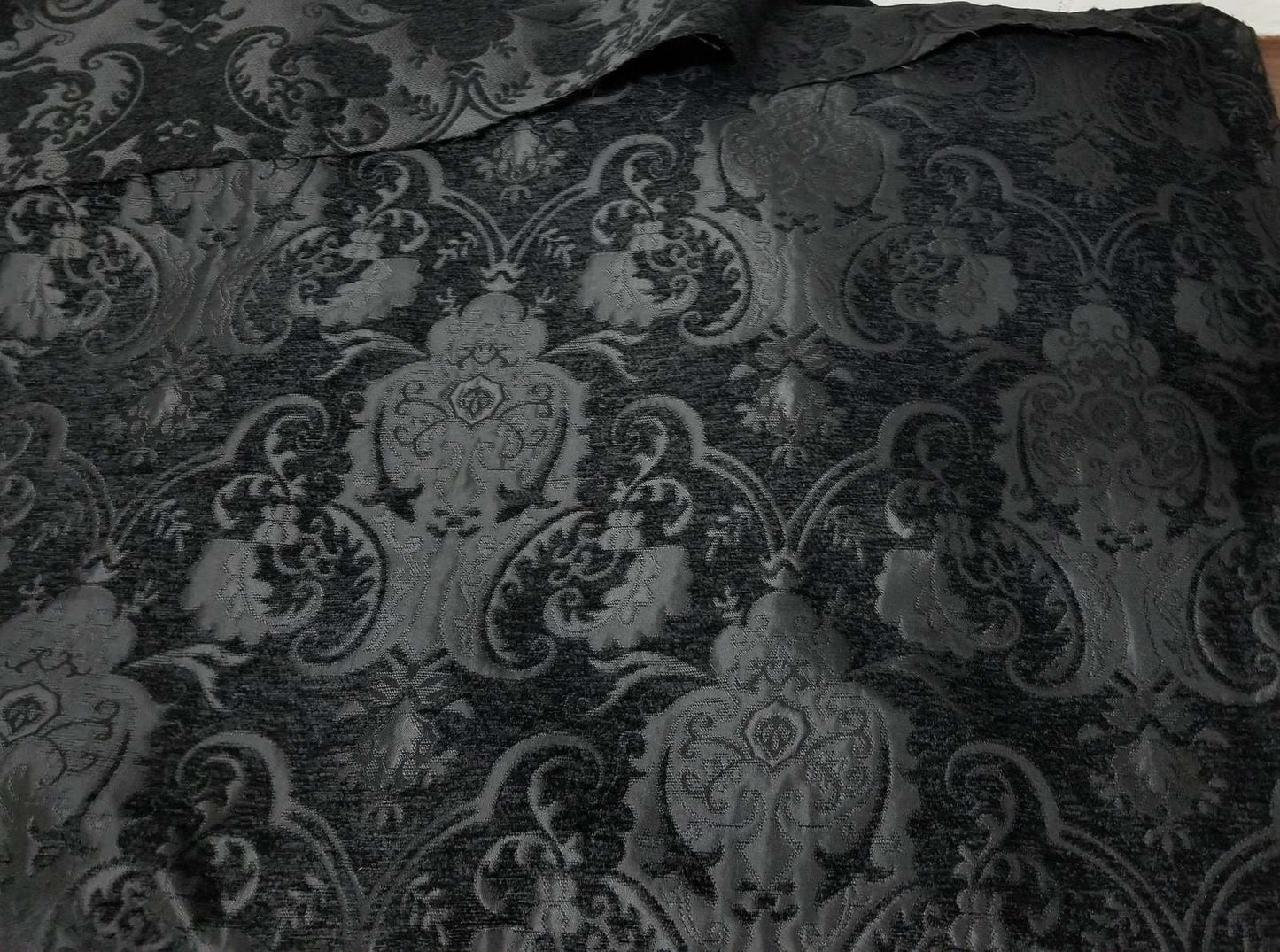 Chenille BAROQUE UPHOLSTERY Fabric Jacquard Damask, 54" wide ,color Black/black, sold by yard in continous yards