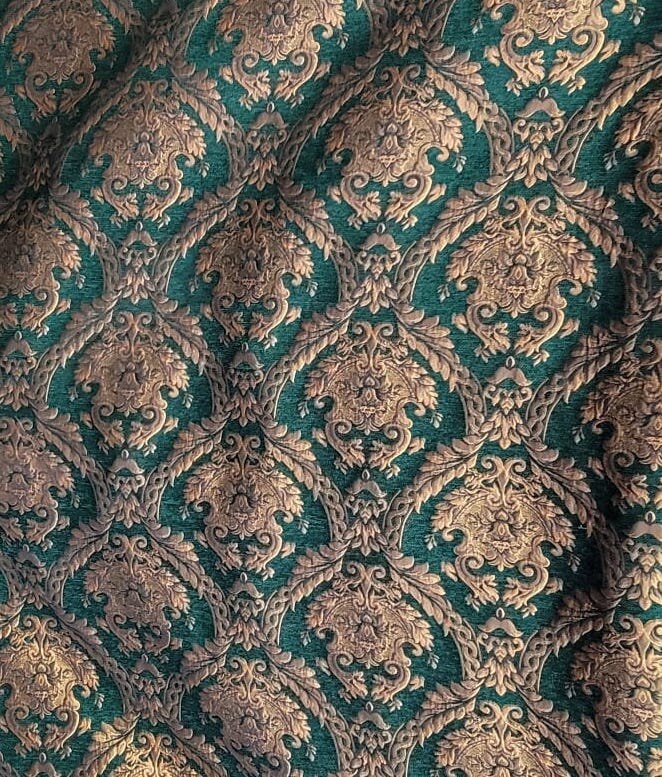 Chenille BAROQUE UPHOLSTERY Fabric Jacquard Damask, 58" wide ,color Green/gold, Reversible, sold by yard in continuous yards