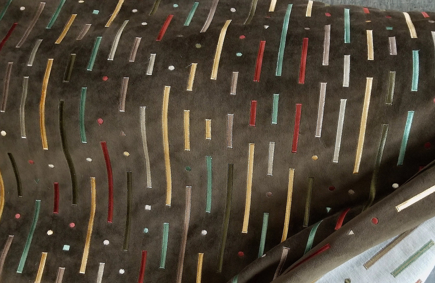 VELVET Brown fabric -painted striped multicolor , upholstery fabric, - 54" width - sold by yard