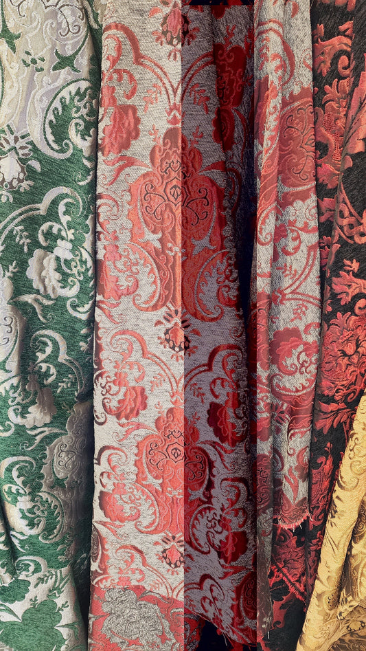 Chenille BAROQUE UPHOLSTERY Fabric Jacquard Damask, 58" wide ,color dark gray/ Dark Red, sold by yard in continuous yards