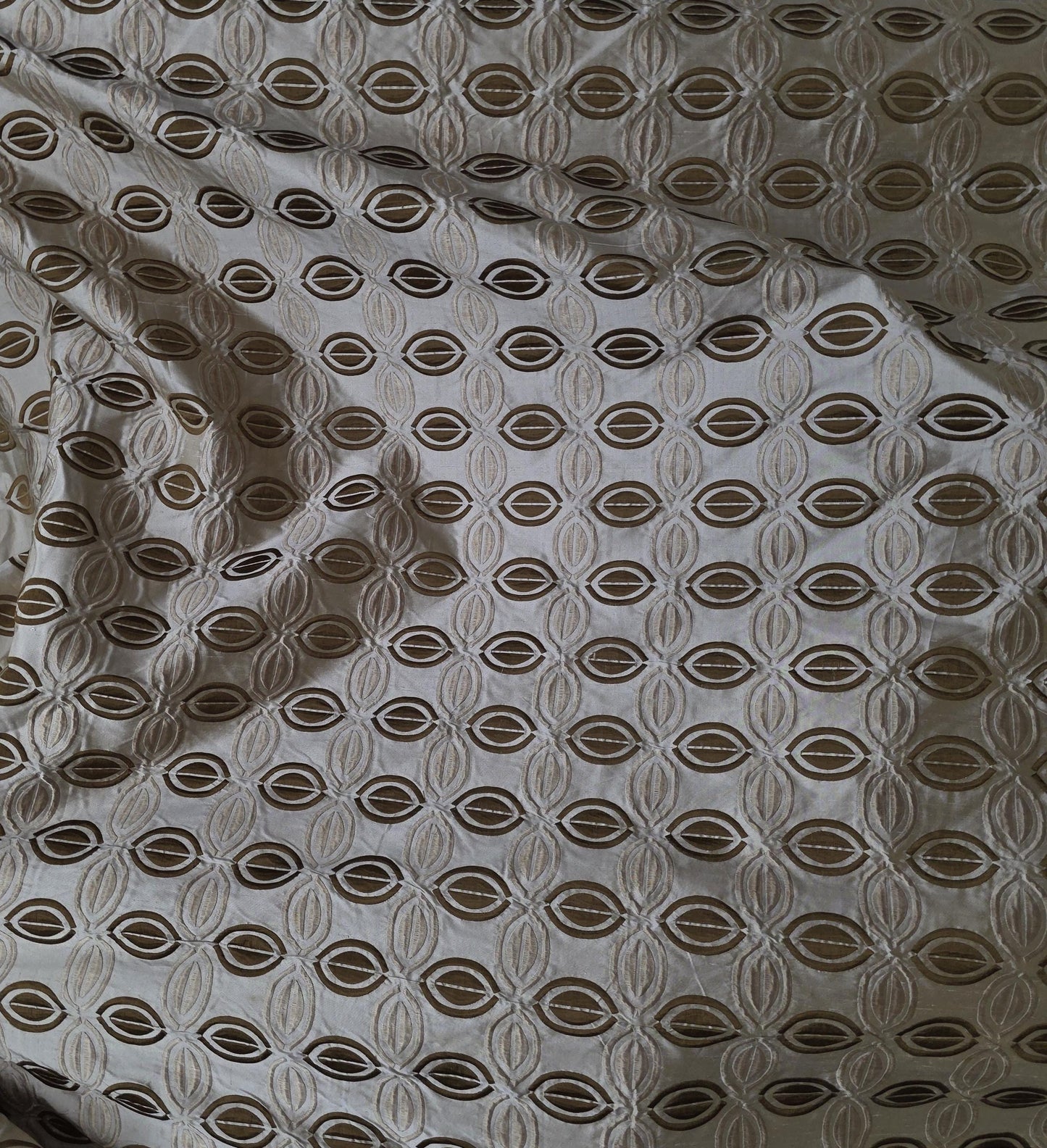 KRAVET, 100% Silk Taffeta Fabric Beige/Brown Embroidery, 54" wide, sold by yard