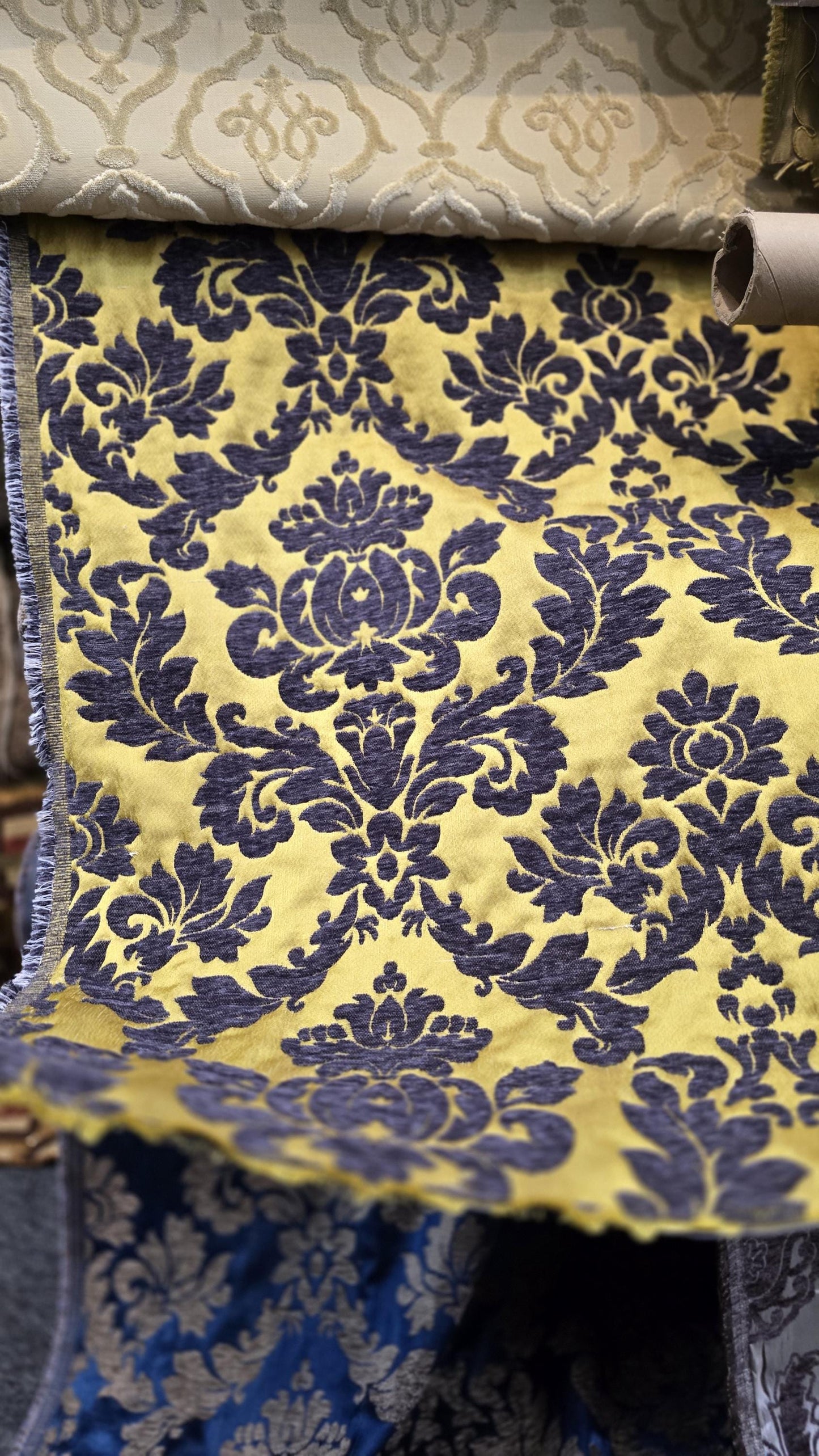 Chenille BAROQUE UPHOLSTERY Fabric Jacquard Damask, 58" wide ,color dark Gunmetal/Gold sold by yard in continuous yards