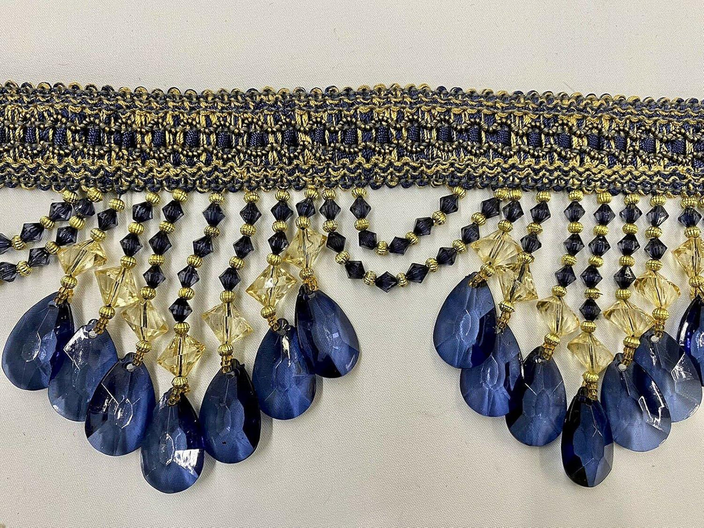 Beaded Trim Fringe W/Gimp Top Sold by The Yard - Navy Blue/Gold