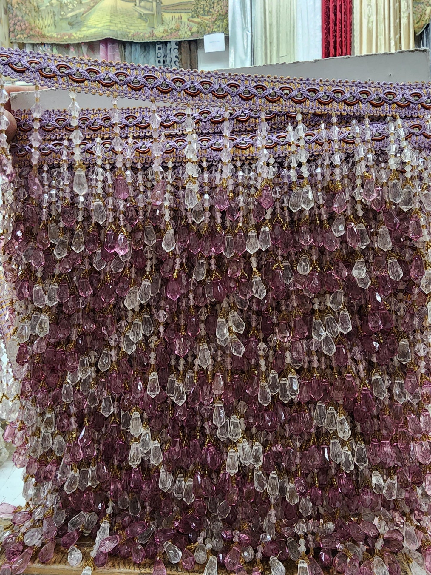 Braided Hanging Beads, Color lilac Tassel Trim Fringe Fabric Ribbon Trimming Handwork sold by yard