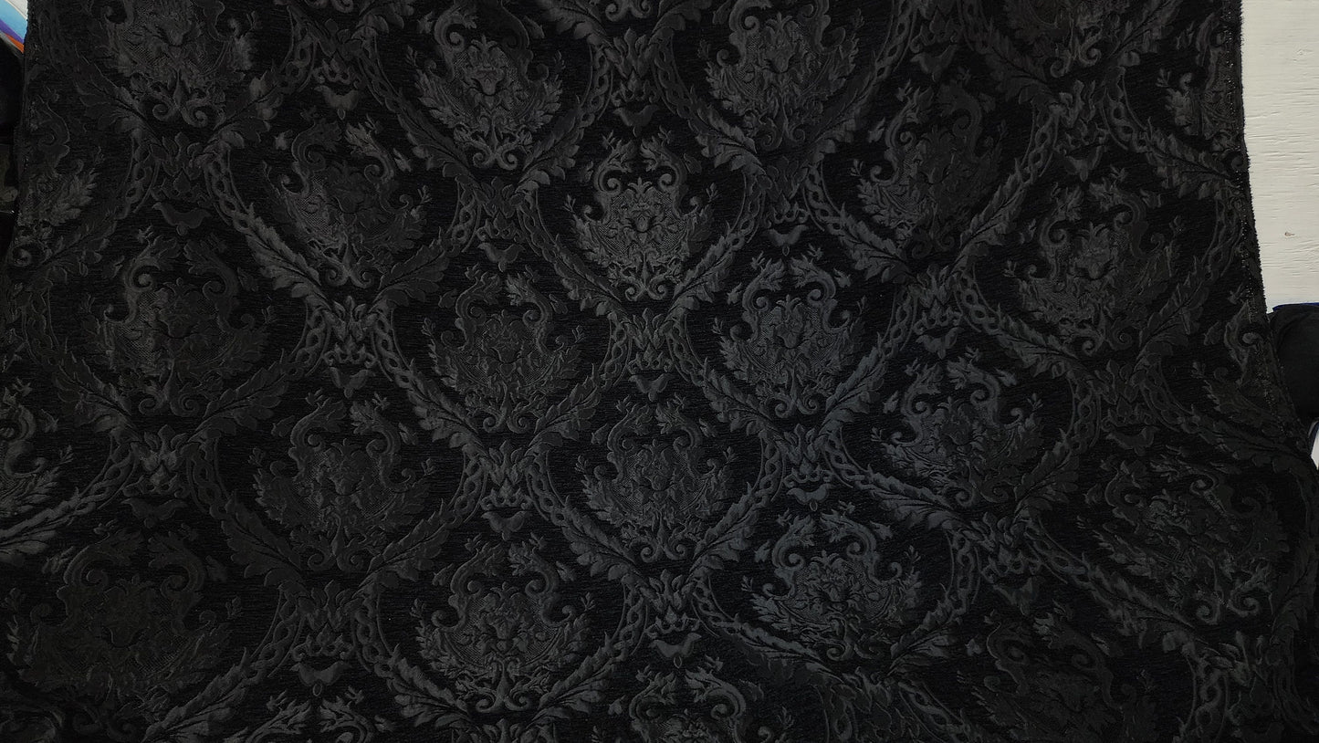 Damask tapestry chenille fabric - upholstery fabric, Black/Black - 56" width - sold by yard in continuous yards