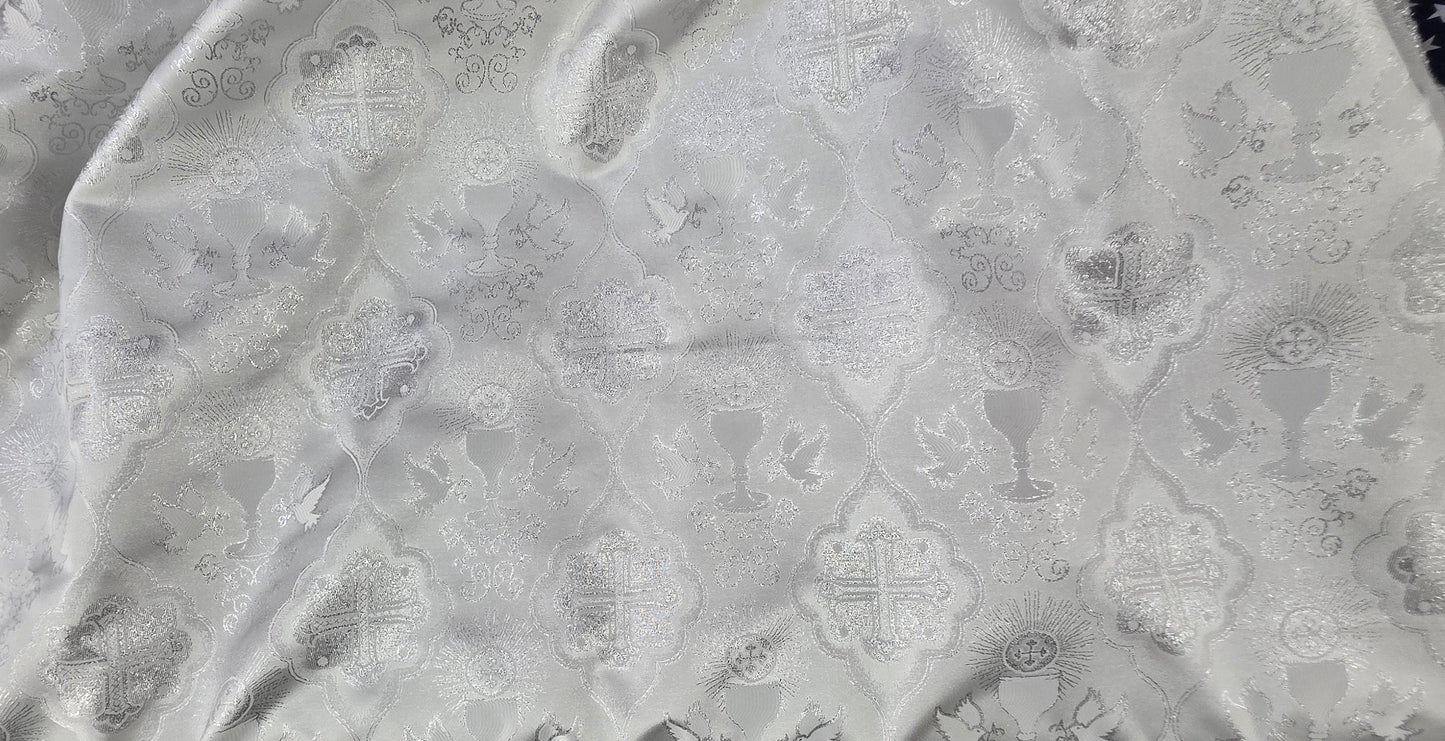 Liturgical Brocade,Church Gorgeous Cross acetate brocade Fabric Cross Brocade white/silver 52" Wide