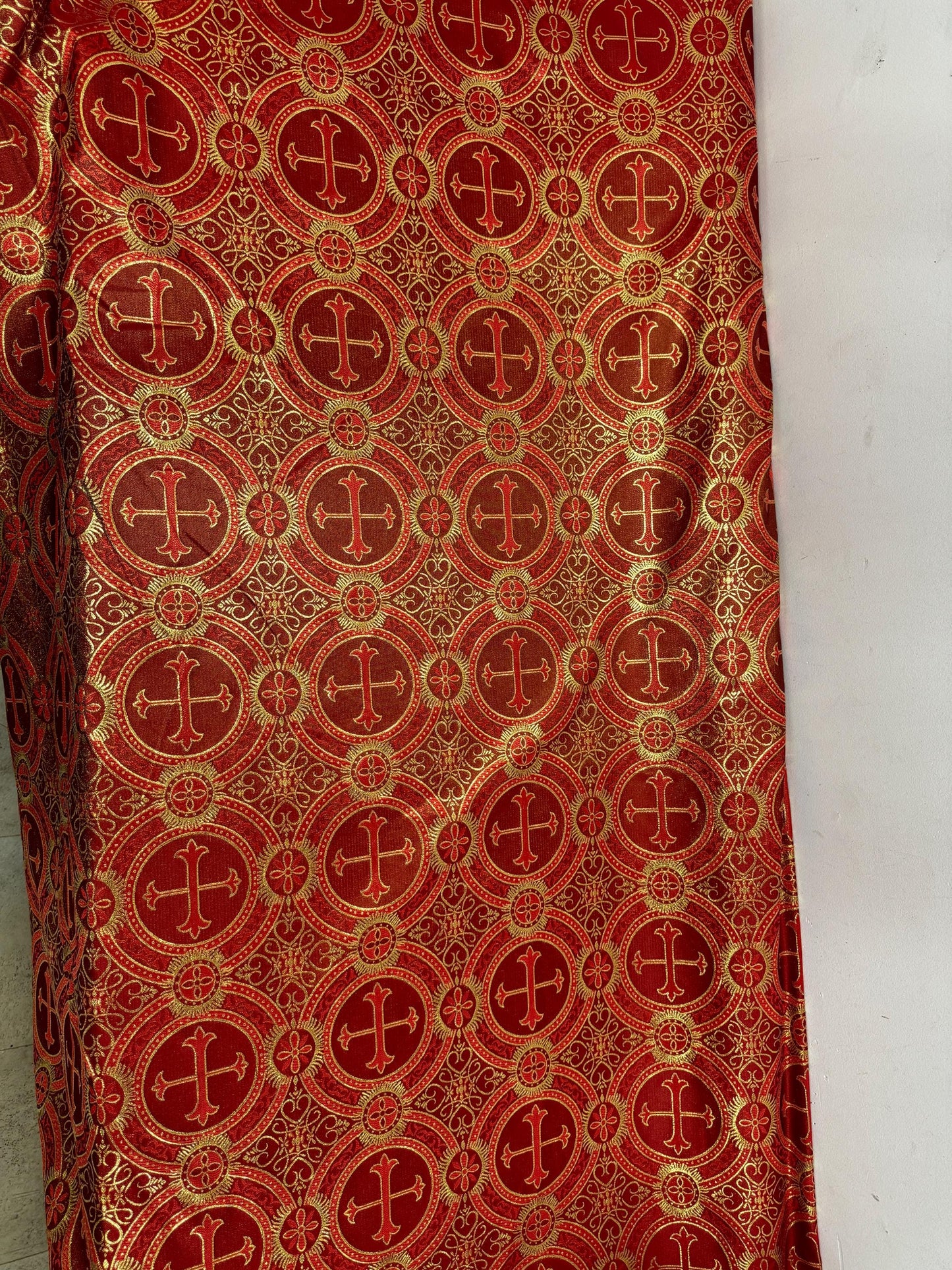 Liturgical Brocade,Church Gorgeous Cross acetatebrocade Fabric Cross Brocade Red/Gold  52" Wide