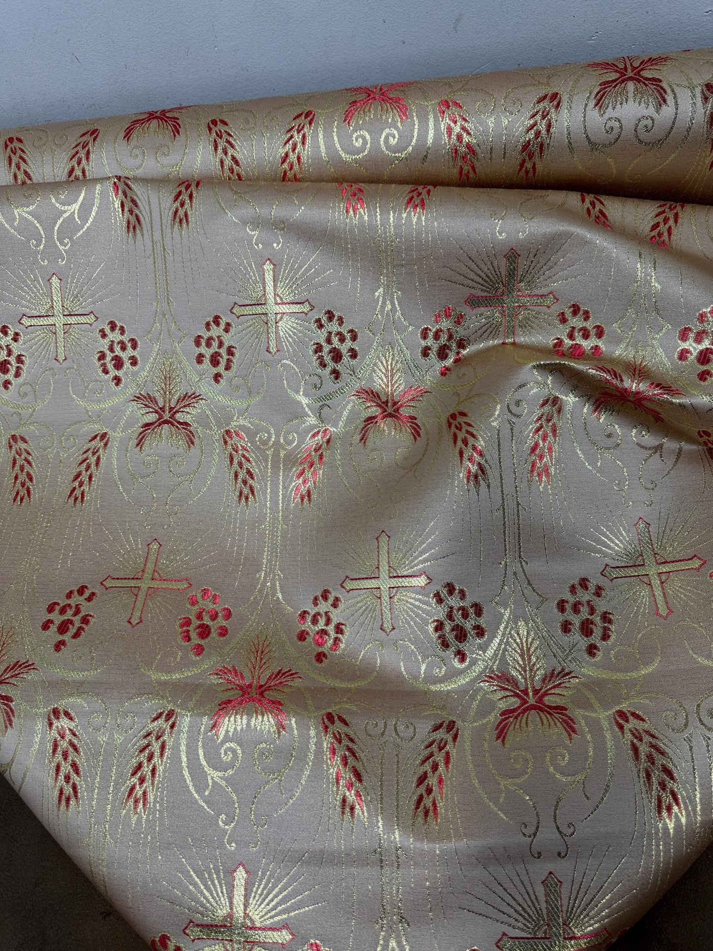 Liturgical Brocade,Church Gorgeous Cross acetate brocade Fabric Cross Brocade Red Gold 58" Wide