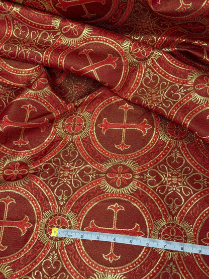 Liturgical Brocade,Church Gorgeous Cross acetatebrocade Fabric Cross Brocade Red/Gold  52" Wide