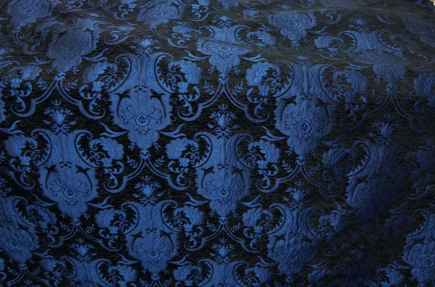 Chenille BAROQUE UPHOLSTERY Fabric Jacquard Damask, 58" wide ,color Blue/Black, sold by yard in continuous yards