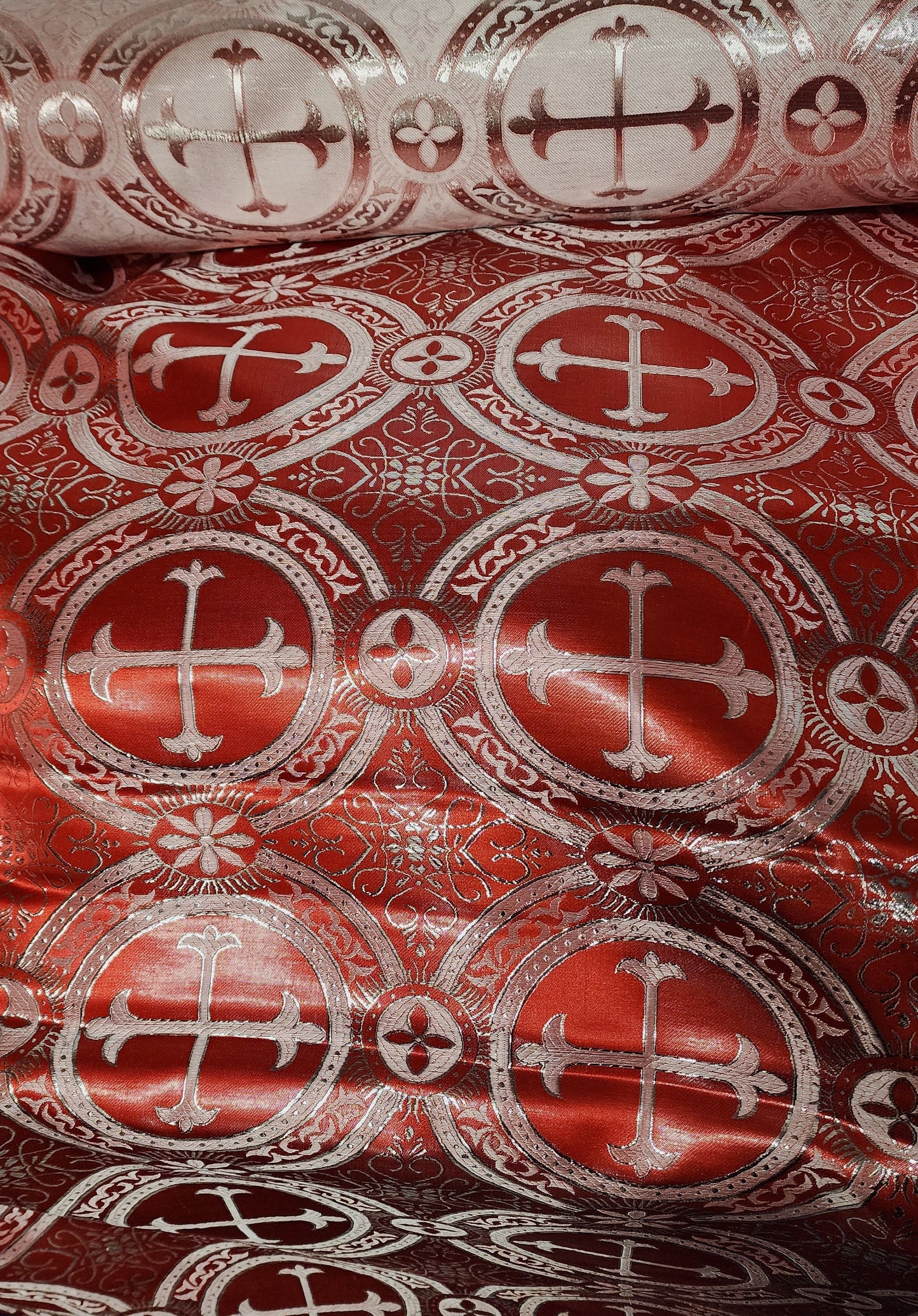 Liturgical Brocade,Church Gorgeous Cross acetatebrocade Fabric Cross Brocade Red/Silver  52" Wide