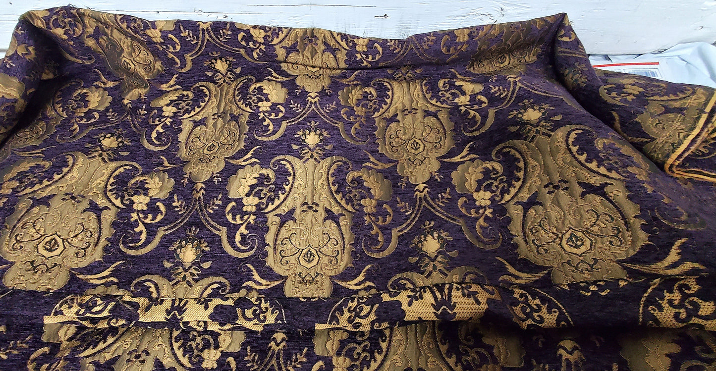 Chenille BAROQUE UPHOLSTERY Fabric Jacquard Damask, 58" wide ,color purple/gold, sold by yard in continuous yards