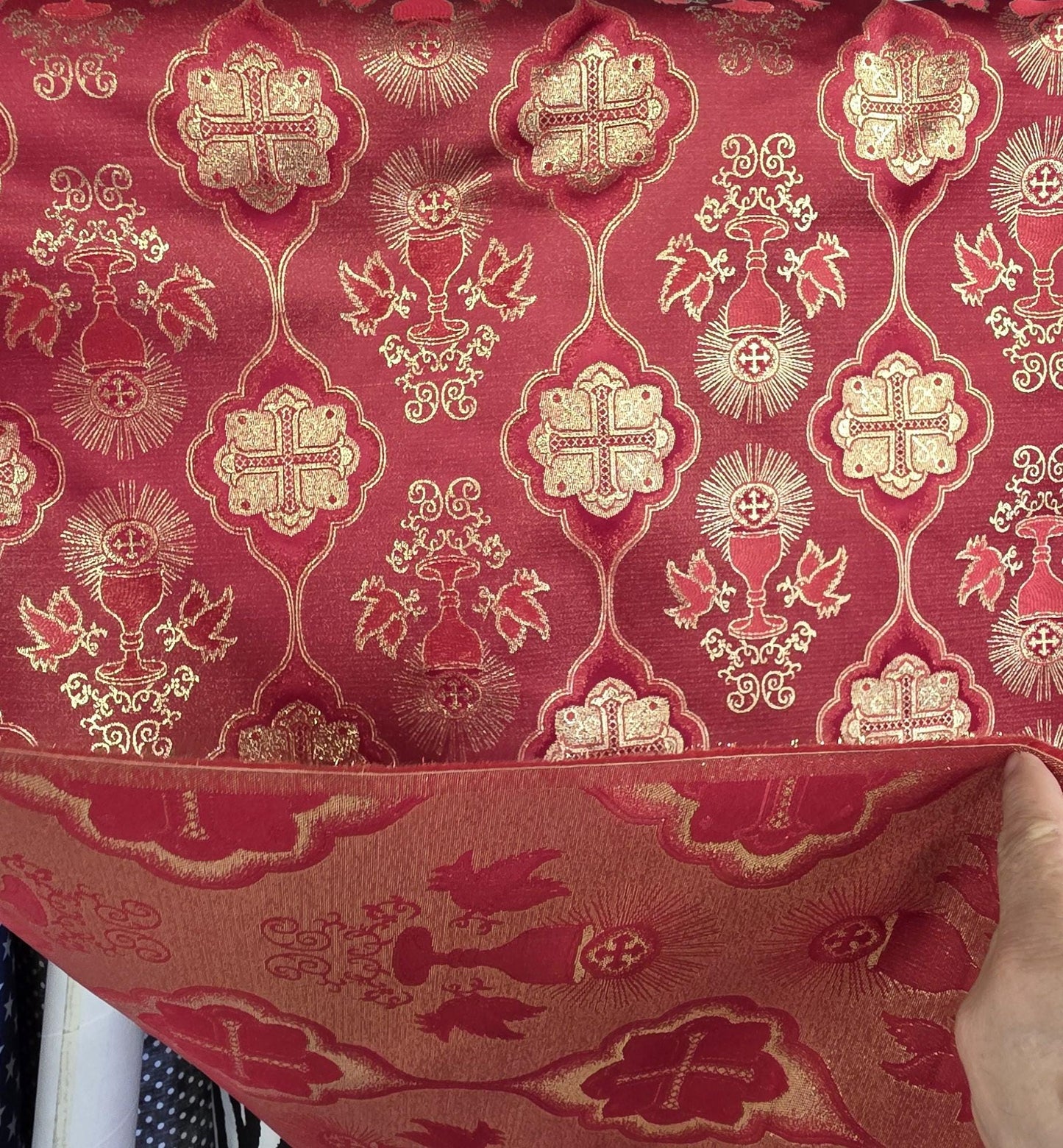 Liturgical Brocade,Church Gorgeous Cross acetate brocade Fabric Cross Brocade Red/ Gold 58" Wide