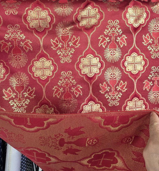 Liturgical Brocade,Church Gorgeous Cross acetate brocade Fabric Cross Brocade Red/ Gold 58" Wide