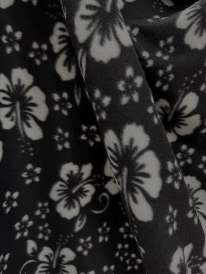 Hawaiian White Hibiscus Foliage Black Fleece Fabric / 60" Wide/Sold by The Yard
