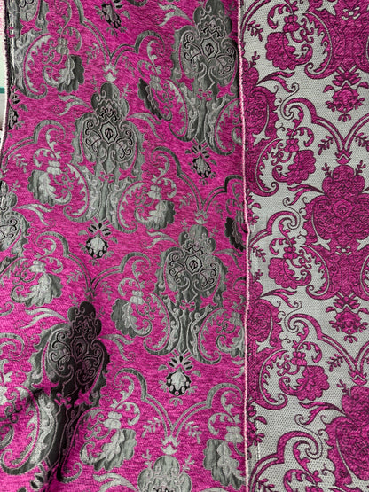 Chenille, BAROQUE UPHOLSTERY Fabric Jacquard, Damask, 58" wide ,color pink/silver, sold by yard in continuous yards