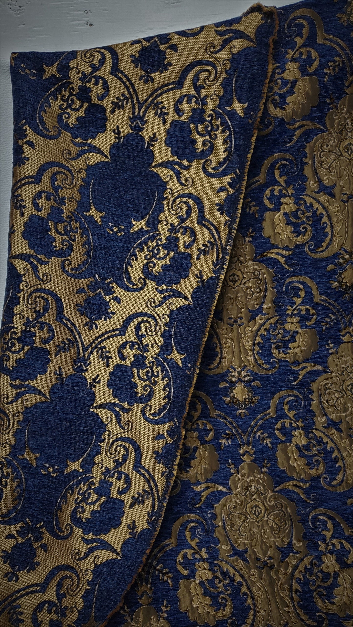 Chenille BAROQUE UPHOLSTERY Fabric Jacquard Damask, 58" wide ,color Blue/Gold, sold by yard in continuous yards