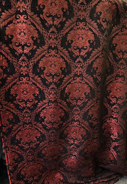 Chenille BAROQUE UPHOLSTERY Fabric Jacquard Damask, 58" wide ,color Red/Black, Reversible, sold by yard in continuous yards