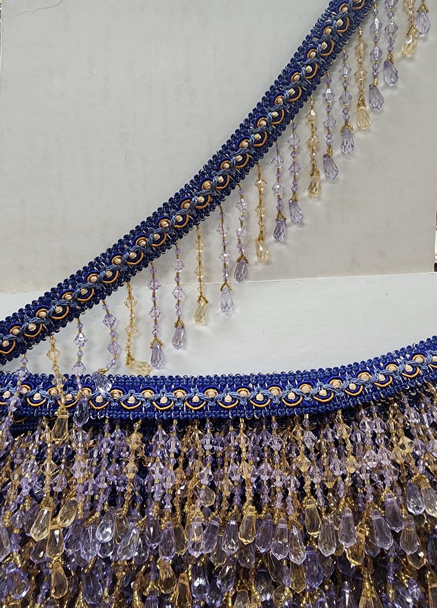 Braided Hanging Beads, Color blue/gold /lilac Tassel Trim Fringe Fabric Ribbon Trimming Handwork sold by yard