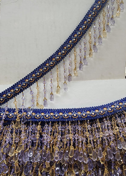Braided Hanging Beads, Color blue/gold /lilac Tassel Trim Fringe Fabric Ribbon Trimming Handwork sold by yard
