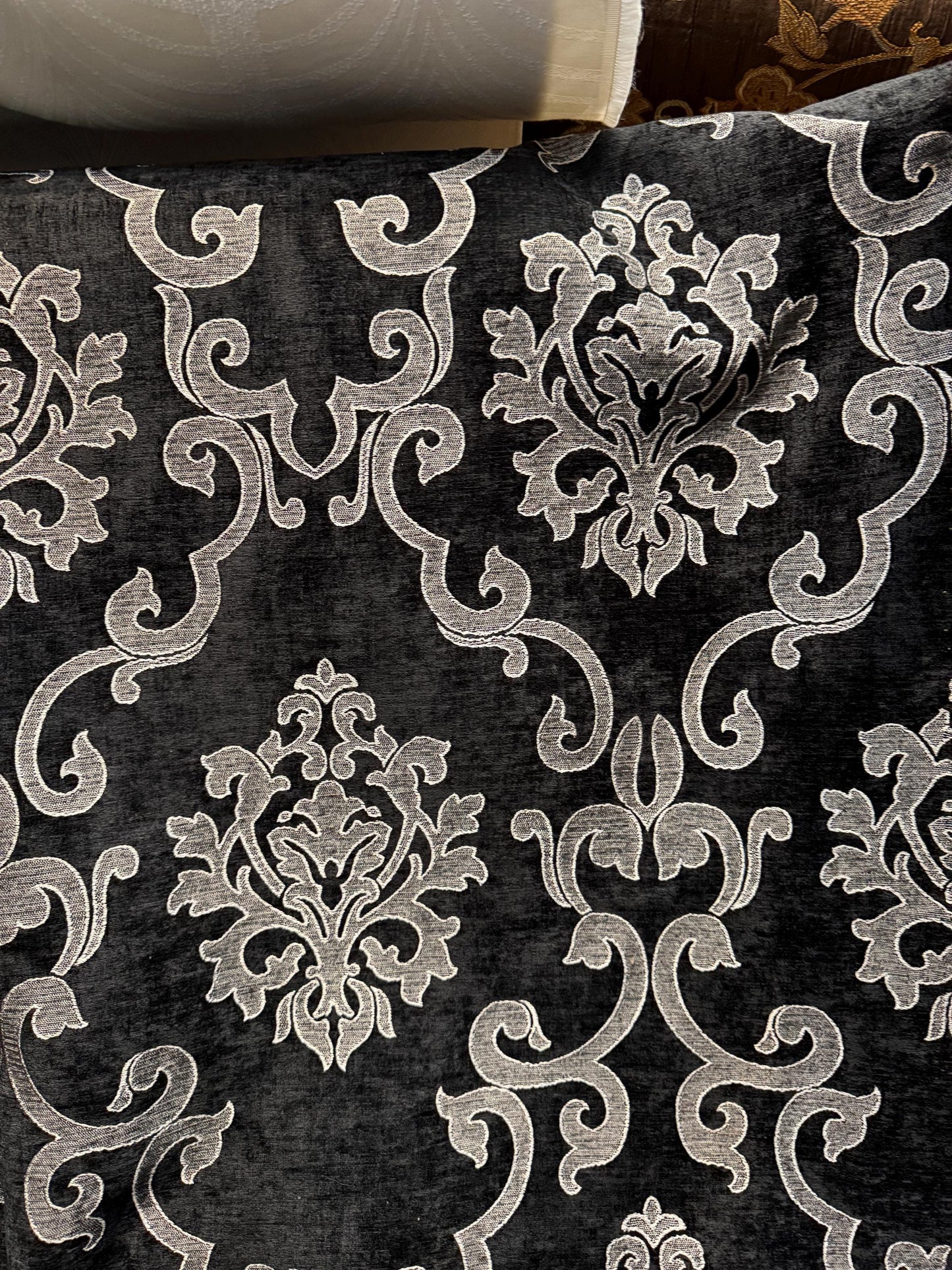 Chenille BAROQUE UPHOLSTERY Fabric Jacquard Damask, 58" wide ,color Black/Silver sold by yard in continuous yards