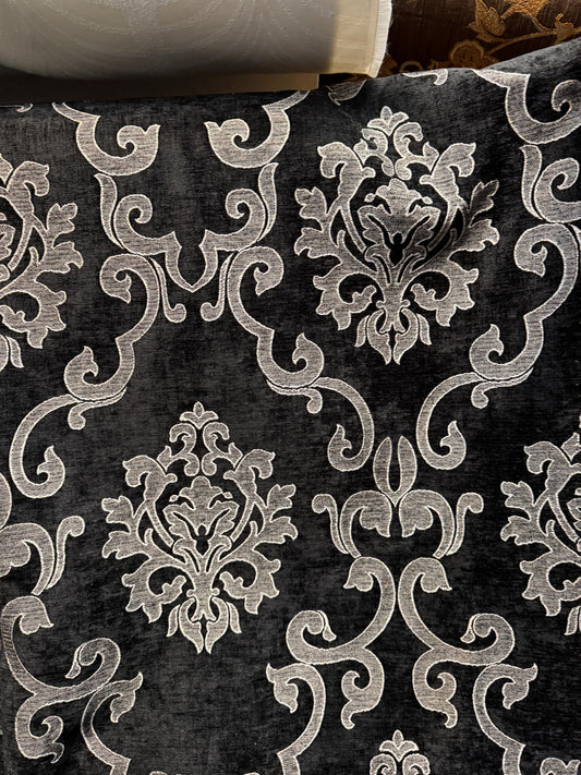 Chenille BAROQUE UPHOLSTERY Fabric Jacquard Damask, 58" wide ,color Black/Silver sold by yard in continuous yards